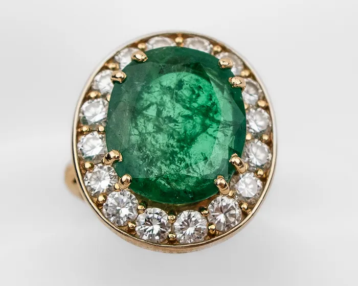 Isadoras C French 1970s Emerald and Diamond Halo Ring Rings