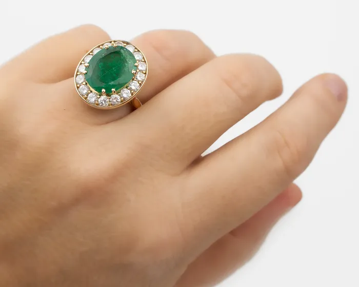 Isadoras C French 1970s Emerald and Diamond Halo Ring Rings