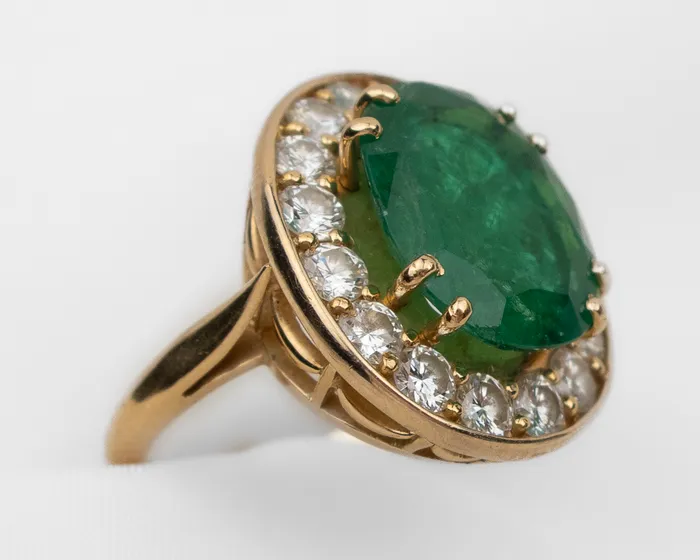 Isadoras C French 1970s Emerald and Diamond Halo Ring Rings