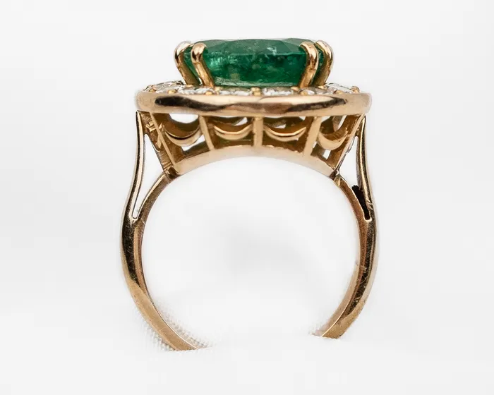 Isadoras C French 1970s Emerald and Diamond Halo Ring Rings