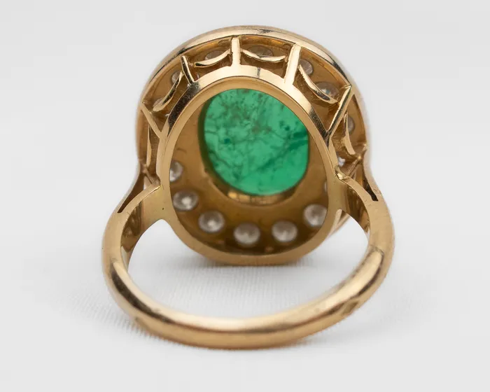Isadoras C French 1970s Emerald and Diamond Halo Ring Rings