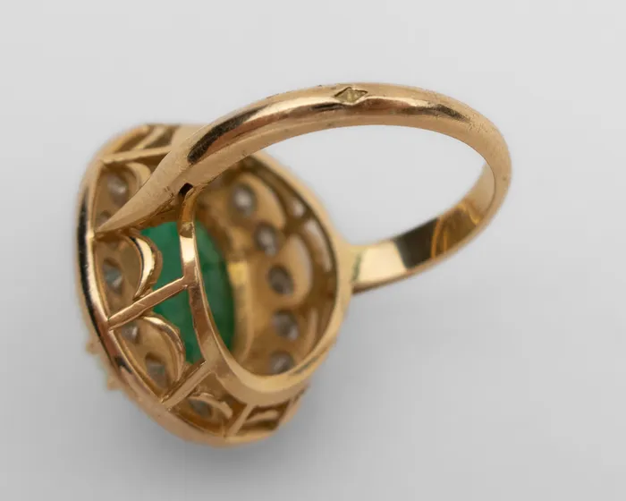 Isadoras C French 1970s Emerald and Diamond Halo Ring Rings