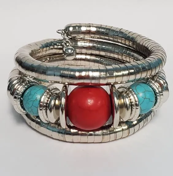 polly Bracelets B299 Silver Red Turquoise Bead Coil Bracelet