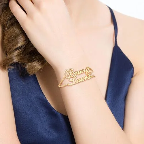 Belbren Personalized Sterling Silver Double Chain Bracelet with Two Names and Birthstones Bracelets