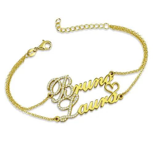 Belbren Personalized Sterling Silver Double Chain Bracelet with Two Names and Birthstones Bracelets