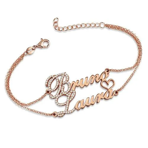 Belbren Personalized Sterling Silver Double Chain Bracelet with Two Names and Birthstones Bracelets