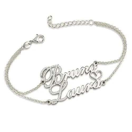 Belbren Personalized Sterling Silver Double Chain Bracelet with Two Names and Birthstones Bracelets