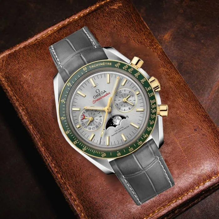 Omega Bracelets Omega Speedmaster Moonphase CoAxial Master 4425mm Watch Ref 30423445206001 Grey Dial Grey Crocodile Leather Bracelet