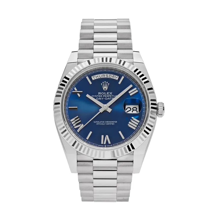 Rolex Bracelets Rolex Day Date 40mm Ref 2282390007 Blue Roman Dial Fluted Bezel 18K White Gold President Bracelet Mens Watch Rolex Bracelets Rolex Day Date 40mm Ref 2282390007 Blue Roman Dial Fluted Bezel 18K White Gold President Bracelet Mens Watch