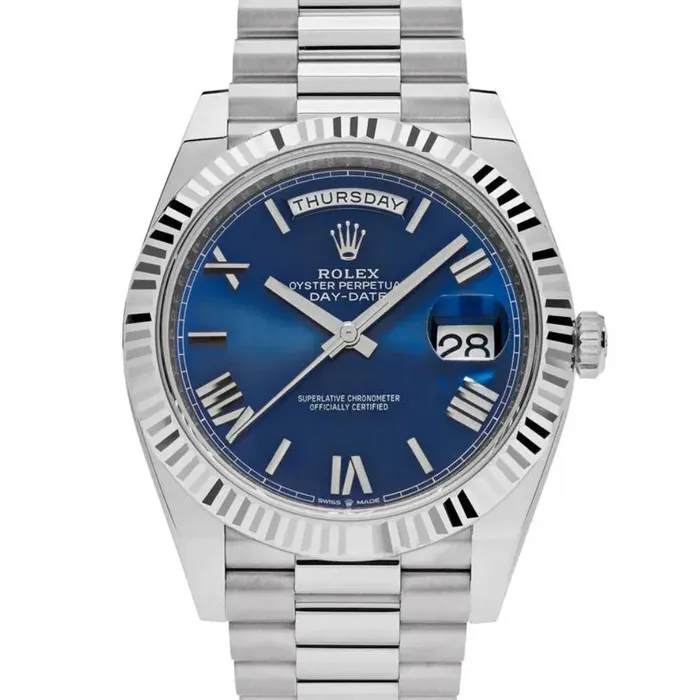 Rolex Bracelets Rolex Day Date 40mm Ref 2282390007 Blue Roman Dial Fluted Bezel 18K White Gold President Bracelet Mens Watch