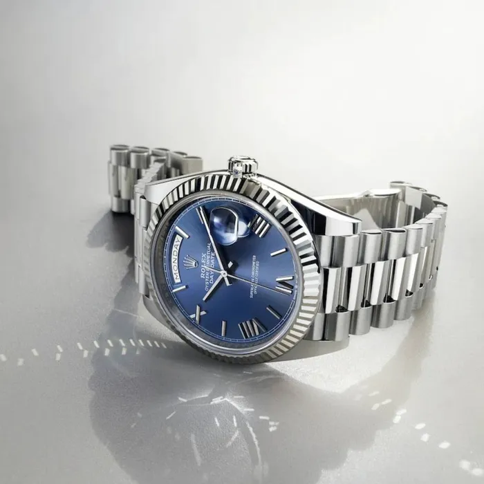 Rolex Bracelets Rolex Day Date 40mm Ref 2282390007 Blue Roman Dial Fluted Bezel 18K White Gold President Bracelet Mens Watch
