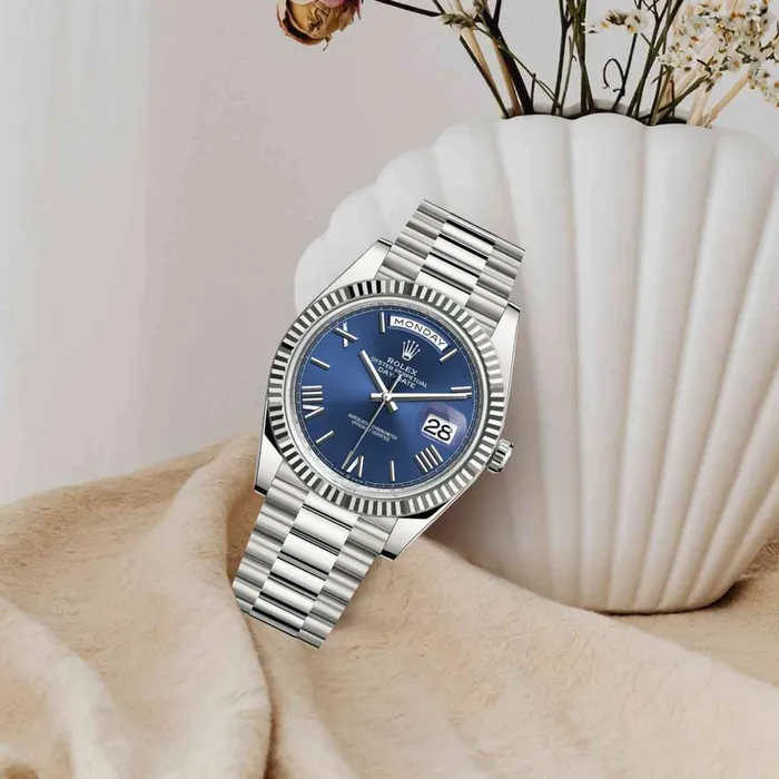 Rolex Bracelets Rolex Day Date 40mm Ref 2282390007 Blue Roman Dial Fluted Bezel 18K White Gold President Bracelet Mens Watch