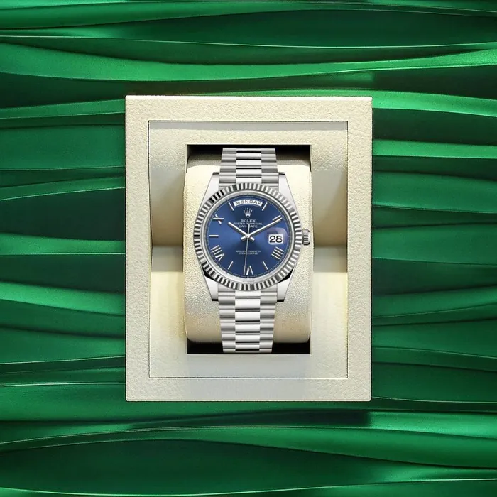 Rolex Bracelets Rolex Day Date 40mm Ref 2282390007 Blue Roman Dial Fluted Bezel 18K White Gold President Bracelet Mens Watch