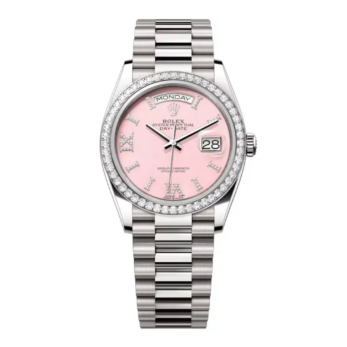 Rolex Rolex Day Date 36mm Ref 128349rbr0008 Pink Opal Diamond Dial Diamond Bezel 18K White Gold President Bracelet Watch Bracelets Rolex Rolex Day Date 36mm Ref 128349rbr0008 Pink Opal Diamond Dial Diamond Bezel 18K White Gold President Bracelet Watch Bracelets