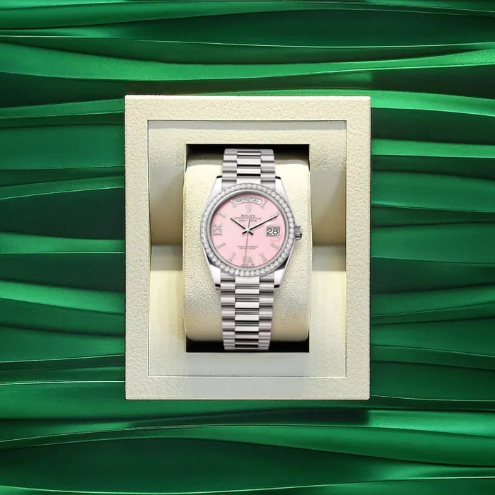 Rolex Rolex Day Date 36mm Ref 128349rbr0008 Pink Opal Diamond Dial Diamond Bezel 18K White Gold President Bracelet Watch Bracelets