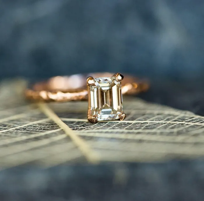 101ct Light Champagne Emerald Cut Diamond in Rose Gold Evergreen Solitaire Anueva Jewelry Earrings