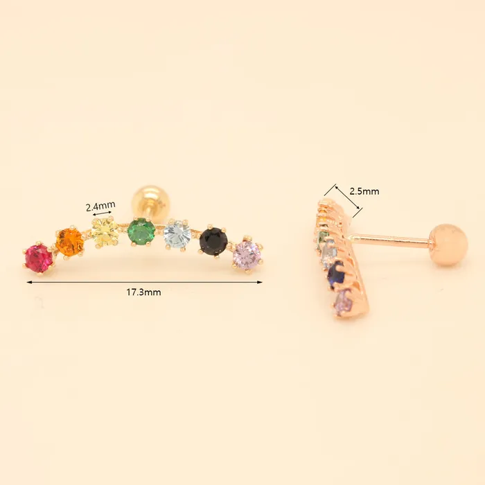14K Gold Rainbow CZ curve Cartilage Earring 20G18G16G MinimalBijoux Earrings