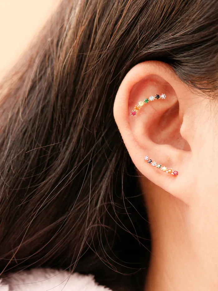 14K Gold Rainbow CZ curve Cartilage Earring 20G18G16G MinimalBijoux Earrings