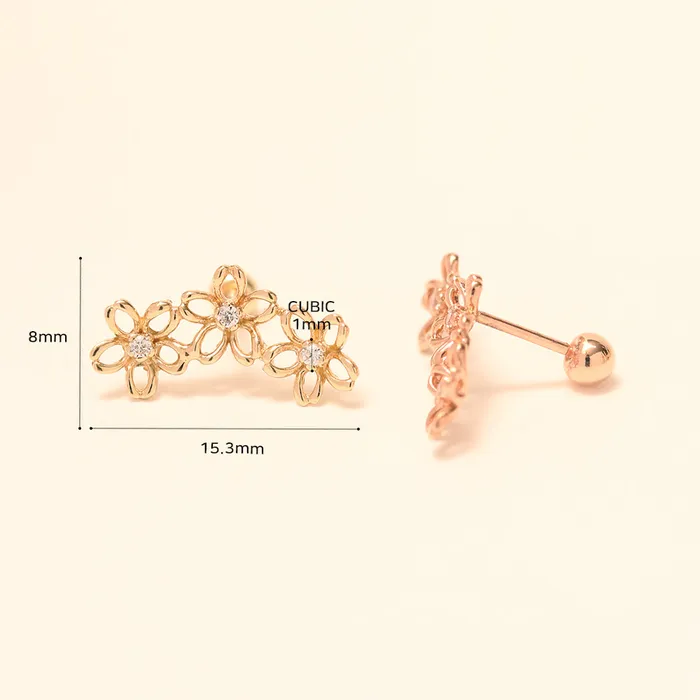14K Gold Triple Petals Cartilage Earring 20G18G16G MinimalBijoux Earrings