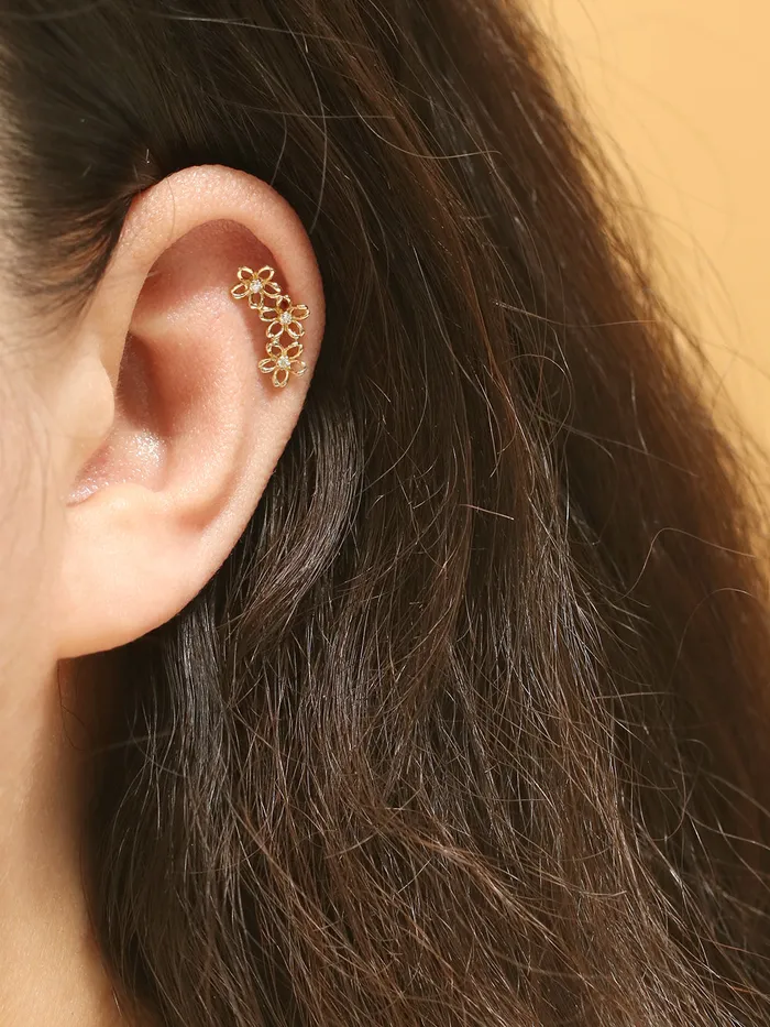 14K Gold Triple Petals Cartilage Earring 20G18G16G MinimalBijoux Earrings