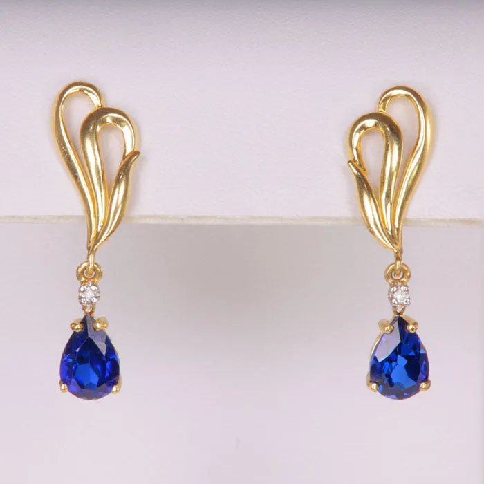 14K Yellow Gold Synthetic Sapphire and Diamond Earrings Moriartys Gem Art Earrings