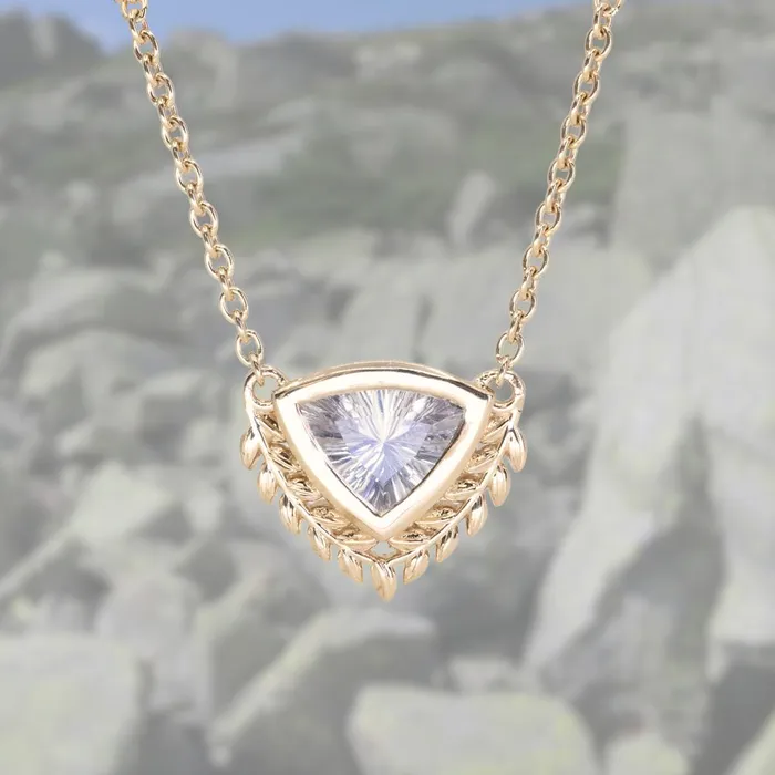Dudley Blauwet Gems Necklaces 212ct Fancy Untreated Trillion White Sapphire Vine Frame Necklace in 14k Yellow Gold Dudley Blauwet Gems Necklaces 212ct Fancy Untreated Trillion White Sapphire Vine Frame Necklace in 14k Yellow Gold