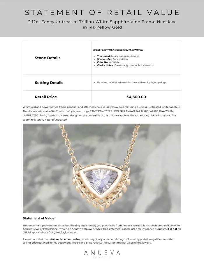 Dudley Blauwet Gems Necklaces 212ct Fancy Untreated Trillion White Sapphire Vine Frame Necklace in 14k Yellow Gold