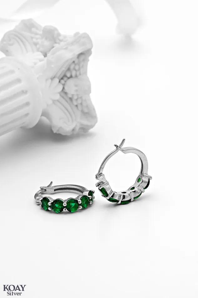 Earrings KOAY Silver Store Green Zircons Hoop