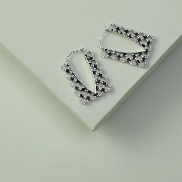 SILVER Earrings Monochrome Play Rectangular CZ Silver Hoop Earrings