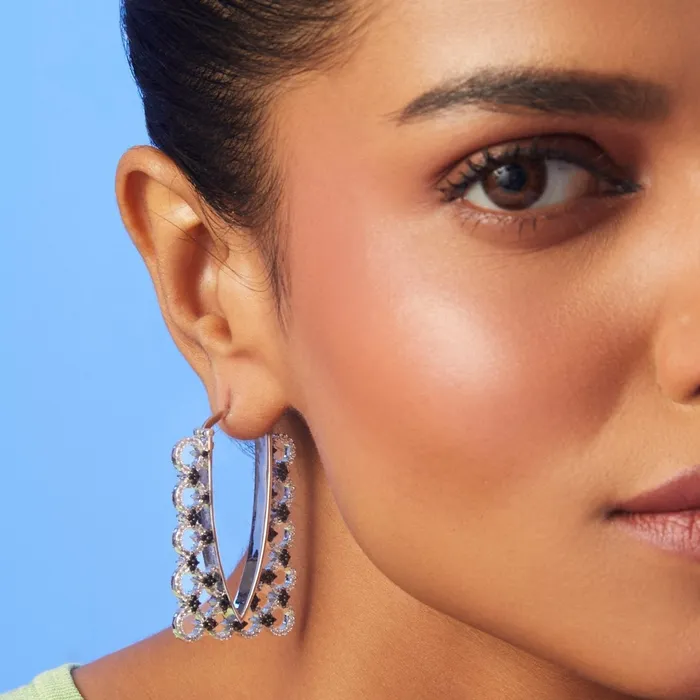 SILVER Earrings Monochrome Play Rectangular CZ Silver Hoop Earrings