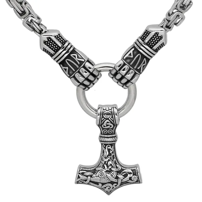 Valhalla Vikings Necklaces King Chain Featuring Berserker Holding A Mjolnir Pendant