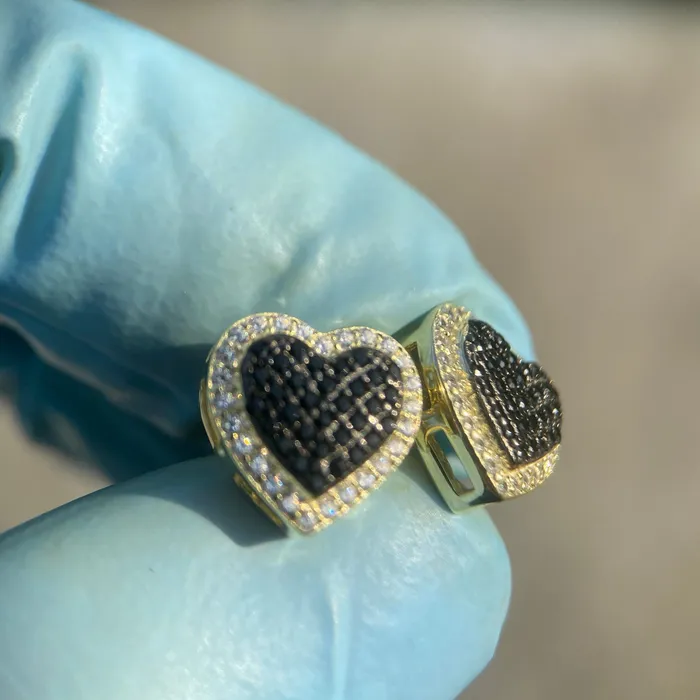 14K Gold Plated over 925 Sterling Silver Black Iced CZ Heart Earrings Bling Cartel Earrings