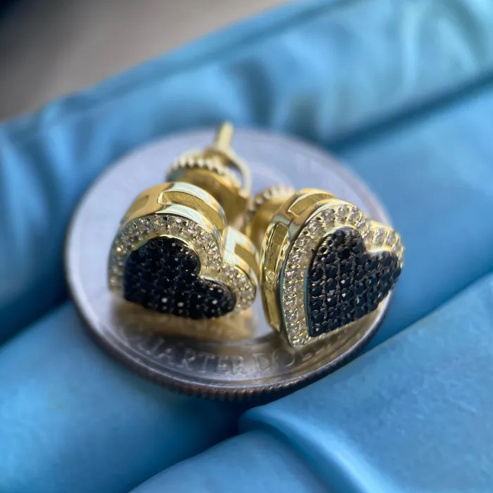 14K Gold Plated over 925 Sterling Silver Black Iced CZ Heart Earrings Bling Cartel Earrings