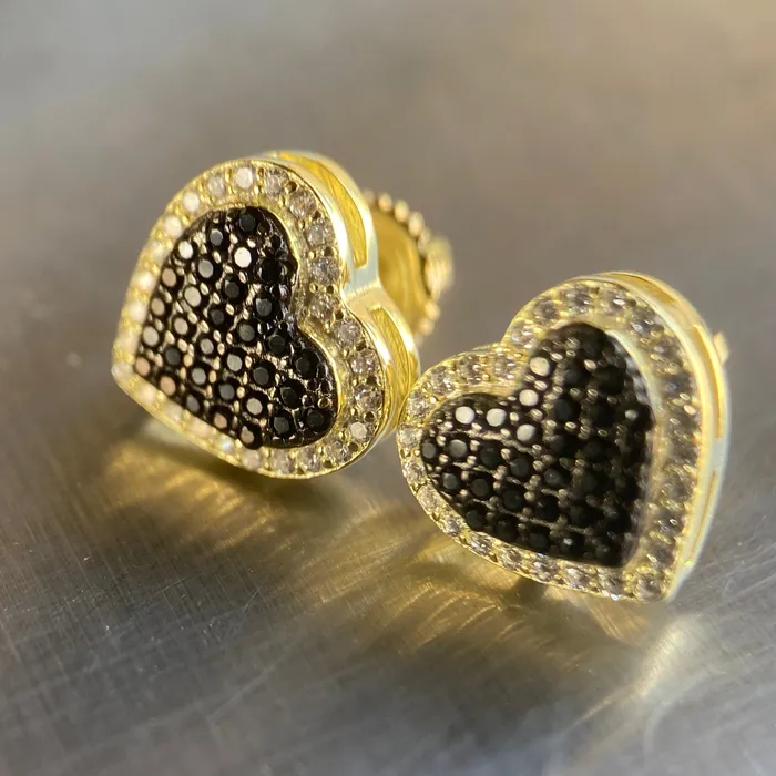 14K Gold Plated over 925 Sterling Silver Black Iced CZ Heart Earrings Bling Cartel Earrings