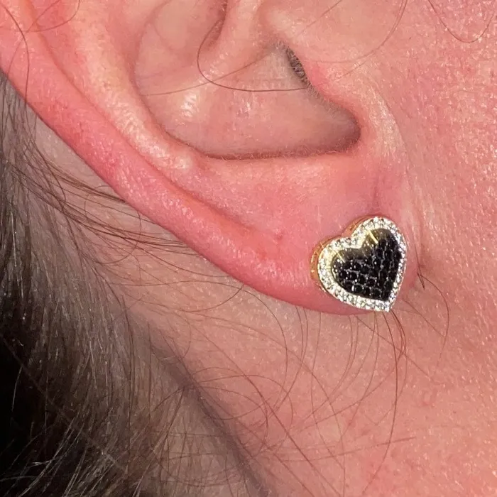 14K Gold Plated over 925 Sterling Silver Black Iced CZ Heart Earrings Bling Cartel Earrings
