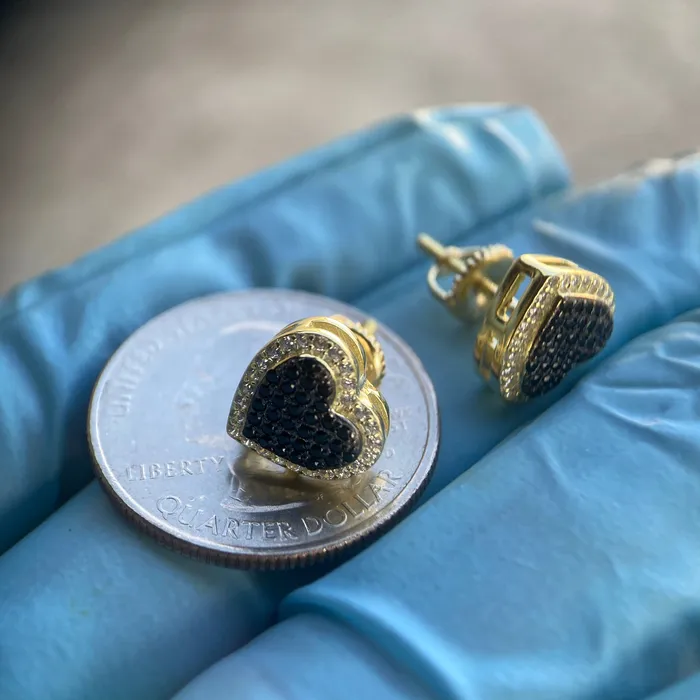 14K Gold Plated over 925 Sterling Silver Black Iced CZ Heart Earrings Bling Cartel Earrings