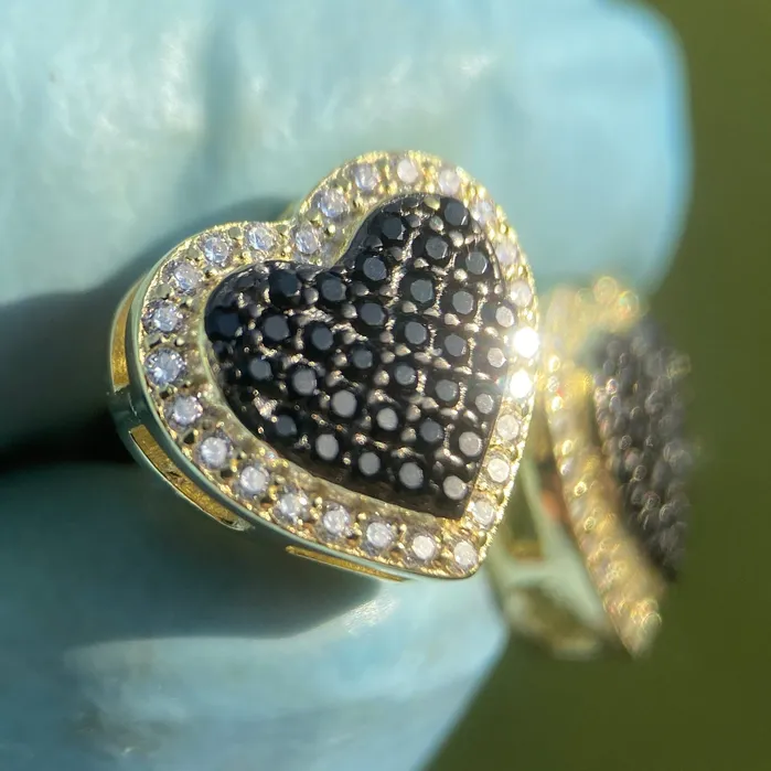 14K Gold Plated over 925 Sterling Silver Black Iced CZ Heart Earrings Bling Cartel Earrings