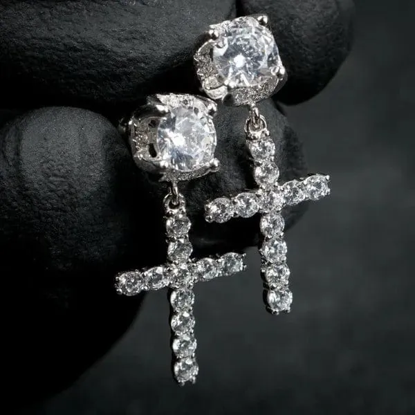 14K Solid Gold Cross Round Moissanite Earrings VVS Jewelry Earrings