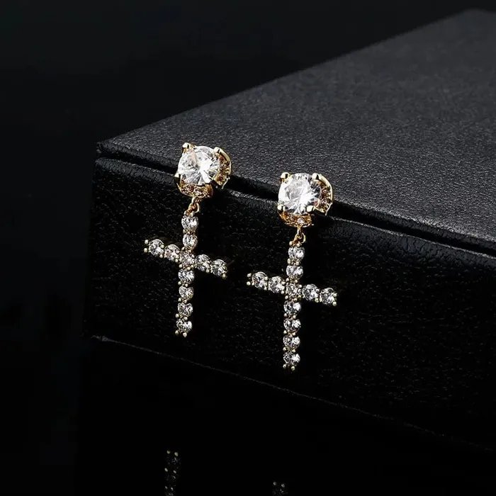 14K Solid Gold Cross Round Moissanite Earrings VVS Jewelry Earrings