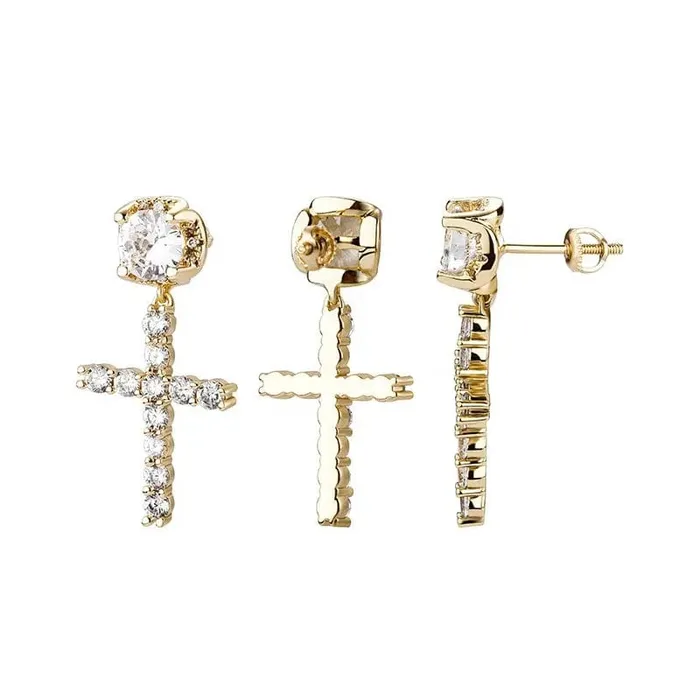 14K Solid Gold Cross Round Moissanite Earrings VVS Jewelry Earrings