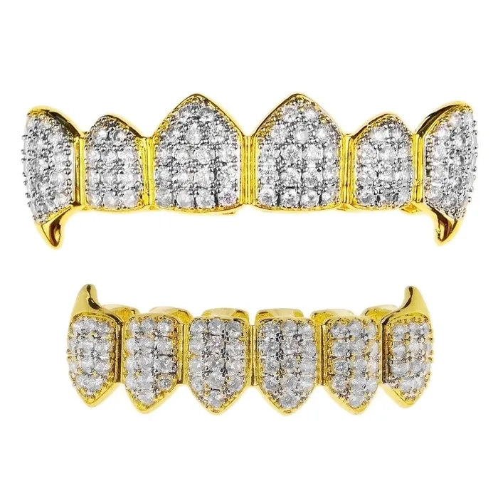 18k Gold Plated CZ 2Tone Vampire Fangs Teeth Grills Set Bling Cartel Admin PreStyled Sets 18k Gold Plated CZ 2Tone Vampire Fangs Teeth Grills Set Bling Cartel Admin PreStyled Sets