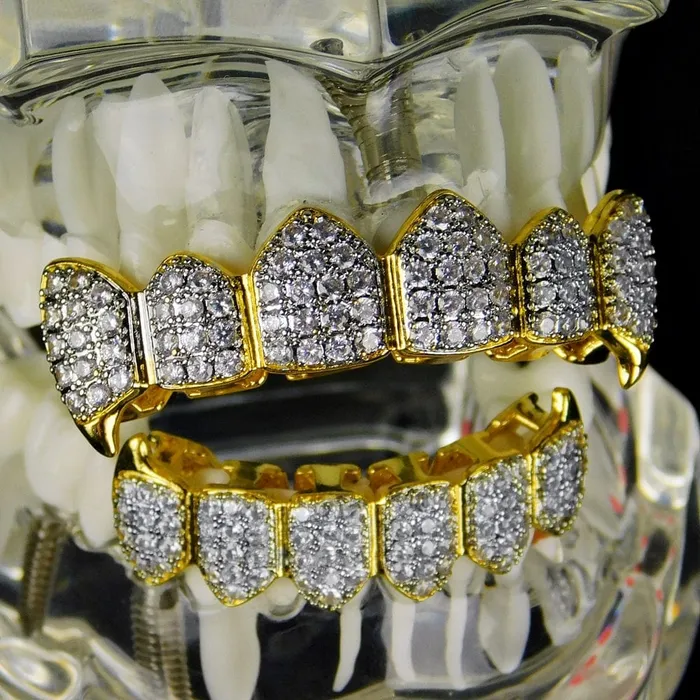 18k Gold Plated CZ 2Tone Vampire Fangs Teeth Grills Set Bling Cartel Admin PreStyled Sets