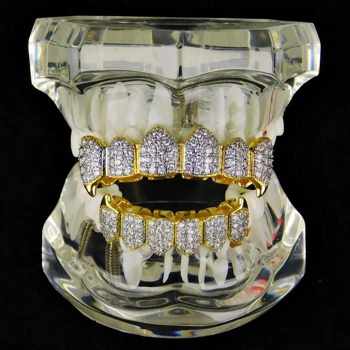 18k Gold Plated CZ 2Tone Vampire Fangs Teeth Grills Set Bling Cartel Admin PreStyled Sets