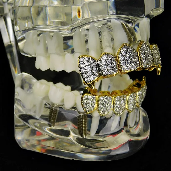 18k Gold Plated CZ 2Tone Vampire Fangs Teeth Grills Set Bling Cartel Admin PreStyled Sets