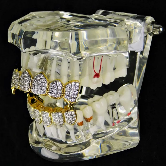 18k Gold Plated CZ 2Tone Vampire Fangs Teeth Grills Set Bling Cartel Admin PreStyled Sets