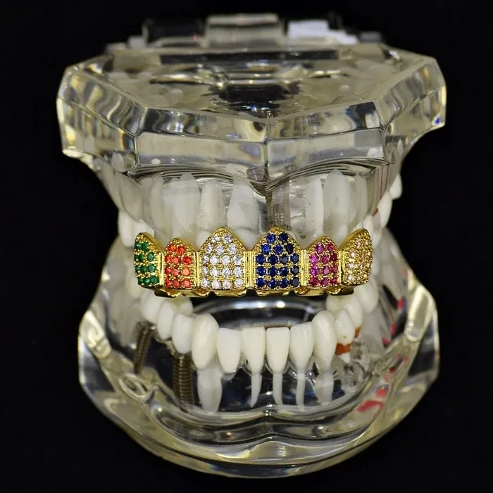 18K Gold Plated CZ Iced Flooded Out Rainbow Colors Top Grillz Bling Cartel Admin PreStyled Sets