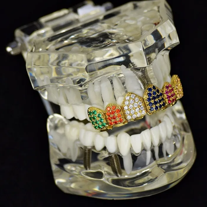 18K Gold Plated CZ Iced Flooded Out Rainbow Colors Top Grillz Bling Cartel Admin PreStyled Sets