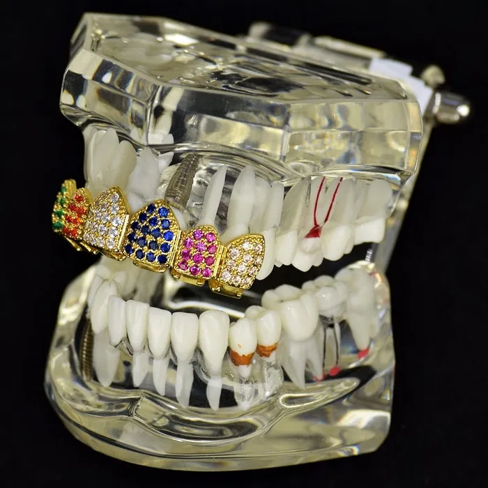 18K Gold Plated CZ Iced Flooded Out Rainbow Colors Top Grillz Bling Cartel Admin PreStyled Sets
