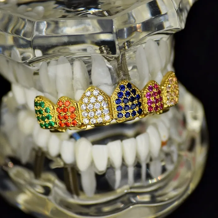 18K Gold Plated CZ Iced Flooded Out Rainbow Colors Top Grillz Bling Cartel Admin PreStyled Sets