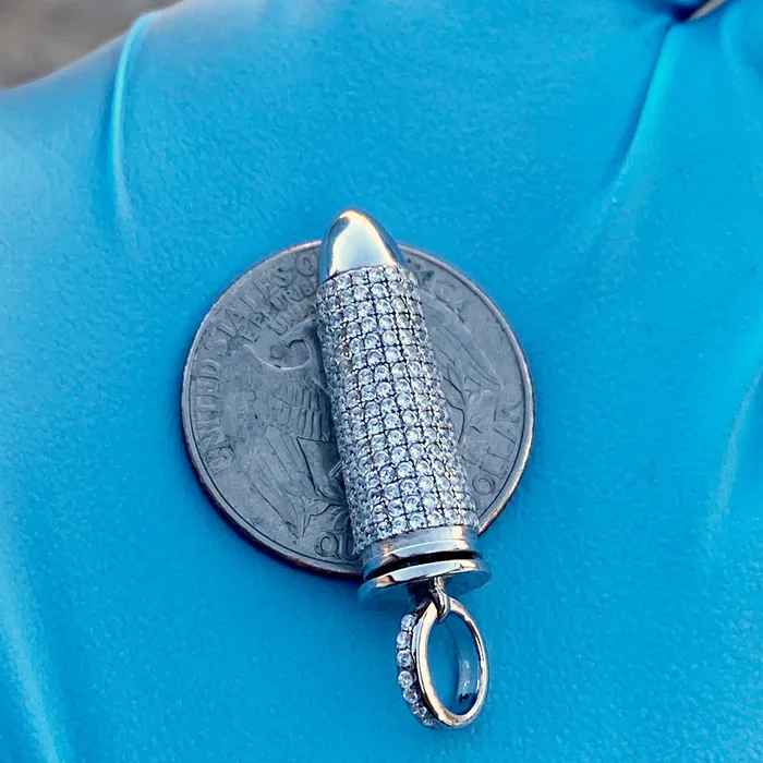 925 Sterling Silver Hollow Bullet Iced Flooded Out CZ Pendant Bling Cartel Necklaces 925 Sterling Silver Hollow Bullet Iced Flooded Out CZ Pendant Bling Cartel Necklaces